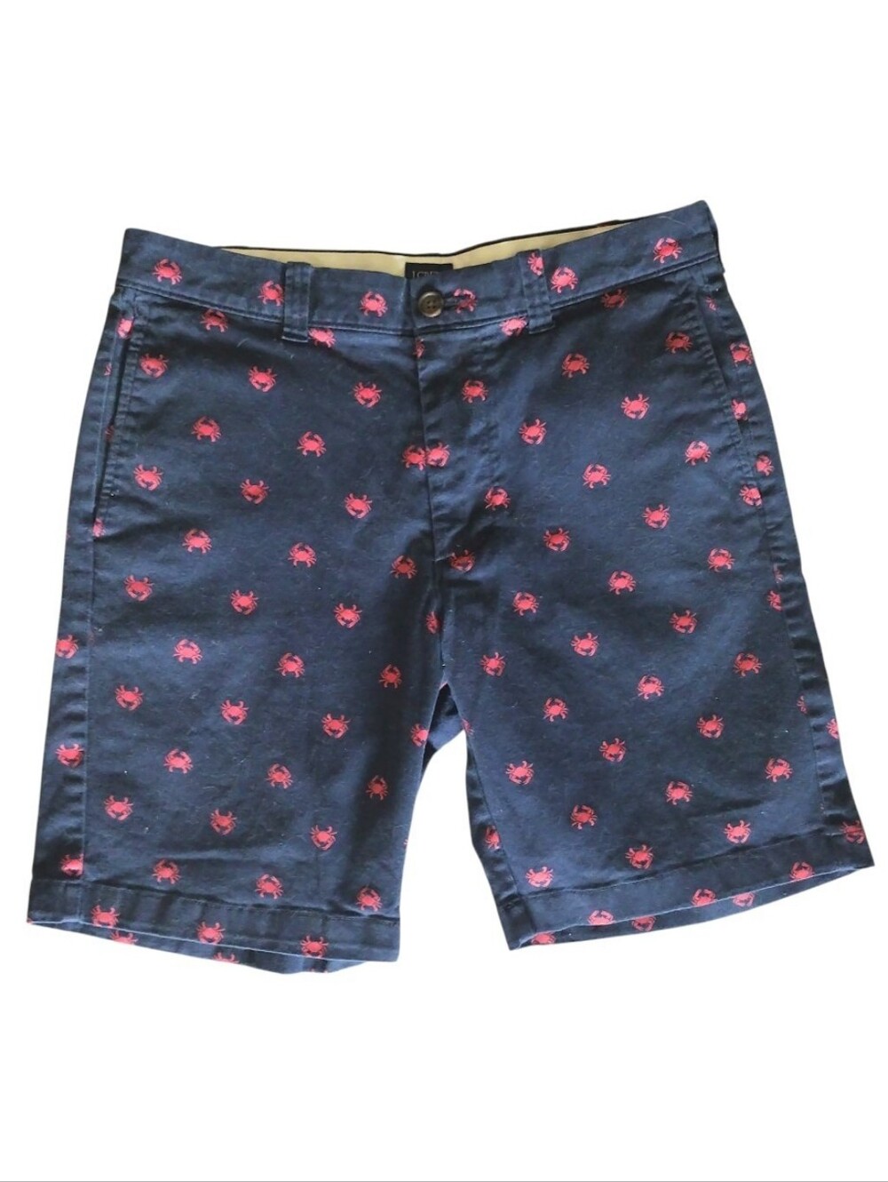 Men's J.Crew Navy Blue Gramercy Cotton Pockets Shorts Red Crab Print Size 30